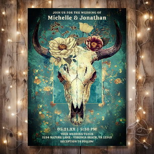 Rustic Cow Skull Blommigt Boho Westerna Bröllop Inbjudningar