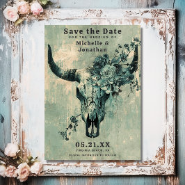 Rustic Cow Skull Blommigt Boho Westerna Bröllop Spara Datumet