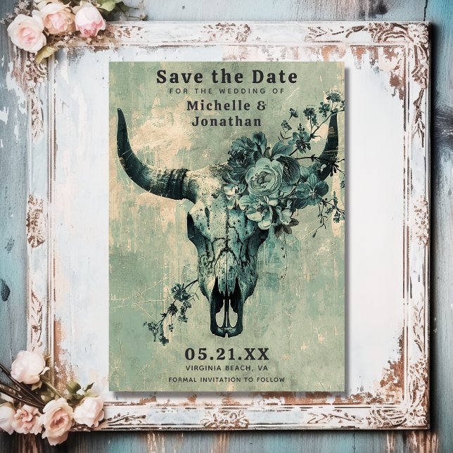 Rustic Cow Skull Blommigt Boho Westerna Bröllop Spara Datumet (Front - Rustic Cow Skull Floral Boho Western Wedding Save The Date)