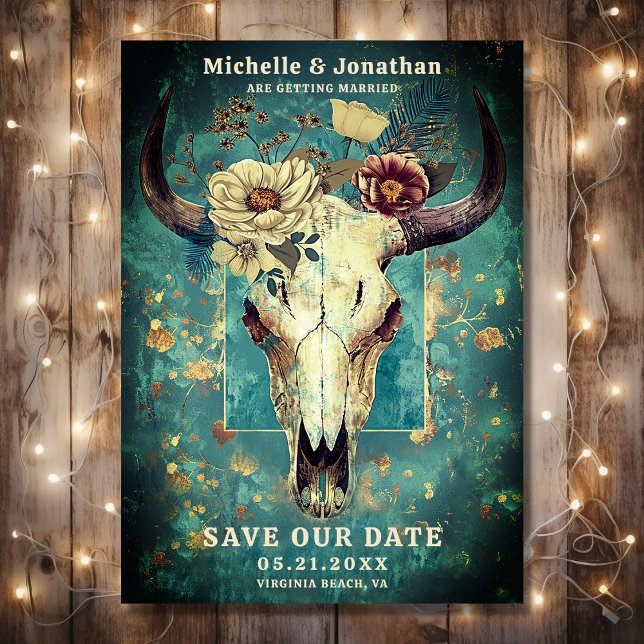 Rustic Cow Skull Blommigt Boho Westerna Bröllop Spara Datumet (Front - Rustic Cow Skull Floral Boho Western Wedding Save The Date)