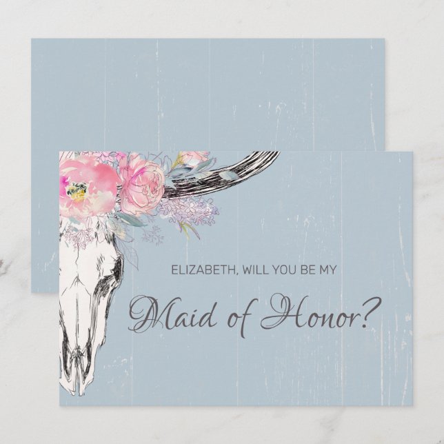 Rustic Cow Skull Boho  Blommigt Maid of honor Inbjudningar (Fram/baksida)