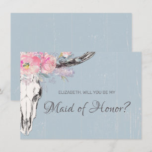 Rustic Cow Skull Boho Blommigt Maid of honor Inbjudningar