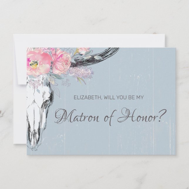 Rustic Cow Skull Boho  Blommigt Matron of Honor Inbjudningar (Framsida)