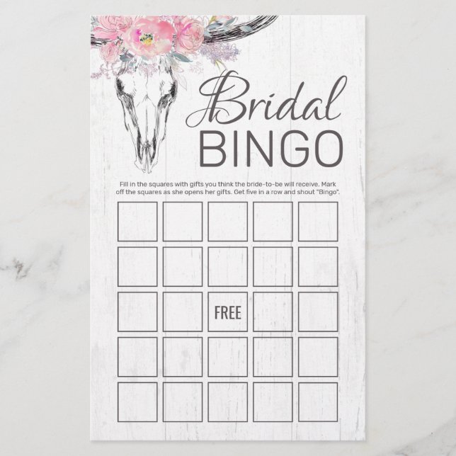 Rustic Cow Skull Boho Blommigt Möhippa Bingo Game (Framsida)