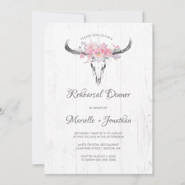 Rustic Cow Skull Boho Blommigt Rosa Rehearsal Midd Inbjudningar (Framsida)
