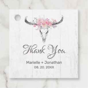 Rustic Cow Skull Boho Blommigt Rosa Vattenfärg Gåvor Etiketter