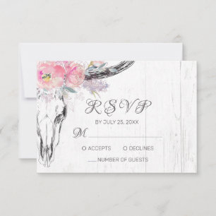 Rustic Cow Skull Boho Blommigt Rosa Vattenfärg OSA Kort