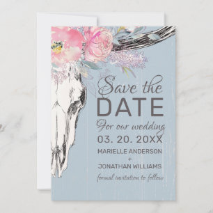 Rustic Cow Skull Boho Blommigt Rosa Vattenfärg Spara Datumet