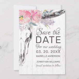 Rustic Cow Skull Boho Blommigt Rosa Vattenfärg Spara Datumet