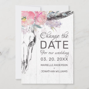 Rustic Cow Skull Boho Blommigt Rosa Vattenfärg Spara Datumet