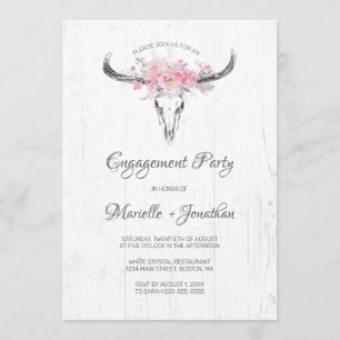 Rustic Cow Skull Boho Blommigt Vit Förlovning Inbjudningar