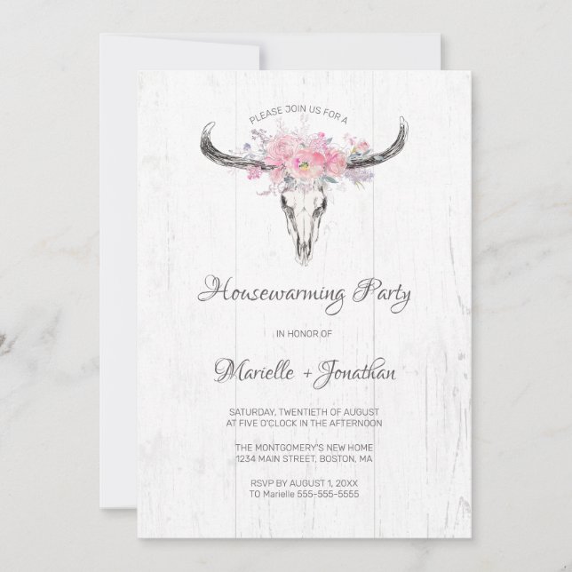 Rustic Cow Skull Boho Blommigt White Houseuppvärmn Inbjudningar (Framsida)