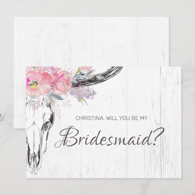 Rustic Cow Skull Boho  Rosa Blommigt Bridesmaid Inbjudningar (Fram/baksida)