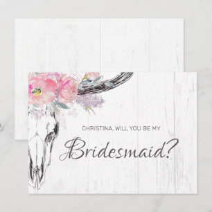 Rustic Cow Skull Boho Rosa Blommigt Bridesmaid Inbjudningar