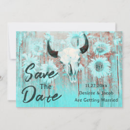 Rustic Cow Skull Boho Teal Westerna solblommor Spara Datumet