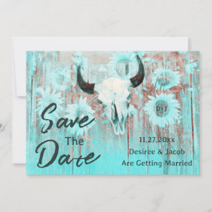 Rustic Cow Skull Boho Teal Westerna solblommor Spara Datumet