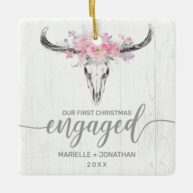 Rustic Cow Skull-foto för första julen Julgransprydnad Keramik (Framsida)