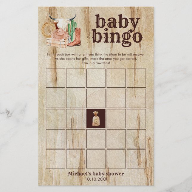Rustic Cowboy Baby Shower Cactus Desert Bingo Game (Framsida)
