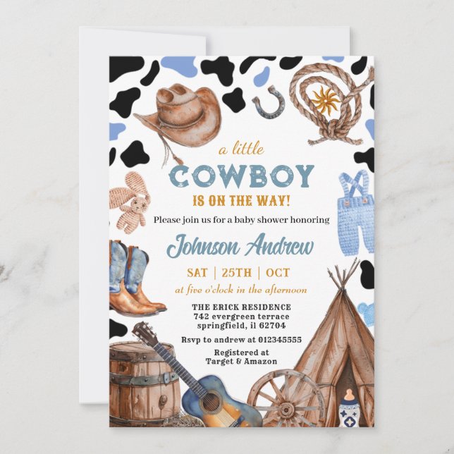 Rustic CowBoy Blue Shower Inbjudningar (Framsida)