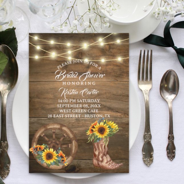 Rustic Cowboy Boot Solros Western Möhippa Inbjudningar (Rustic Cowboy Boot Sunflower Western Bridal Shower Invitation)