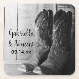Rustic Cowboy Boots Land Westerna Bröllop Underlägg Papper Kvadrat