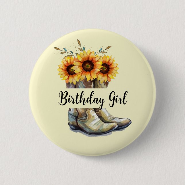 Rustic Cowboy Boots med solblommor Birthday Girl Knapp (Framsida)