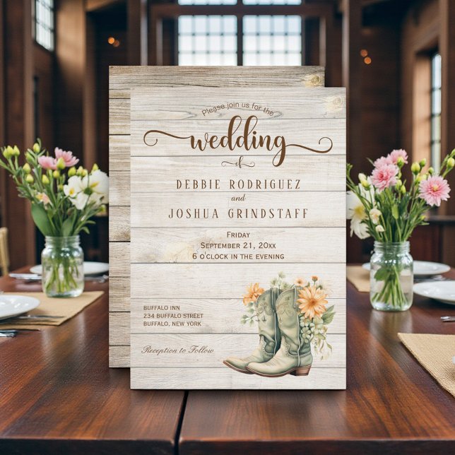 Rustic Cowboy Boots on Wood Wedding Invitation Inbjudningar (Skapare uppladdad)