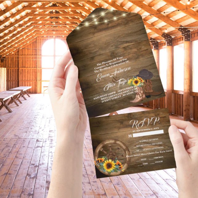 Rustic Cowboy Boots Solros Westerna Bröllop (Rustic Cowboy Boots Sunflower Western Wedding All In One Invitation)
