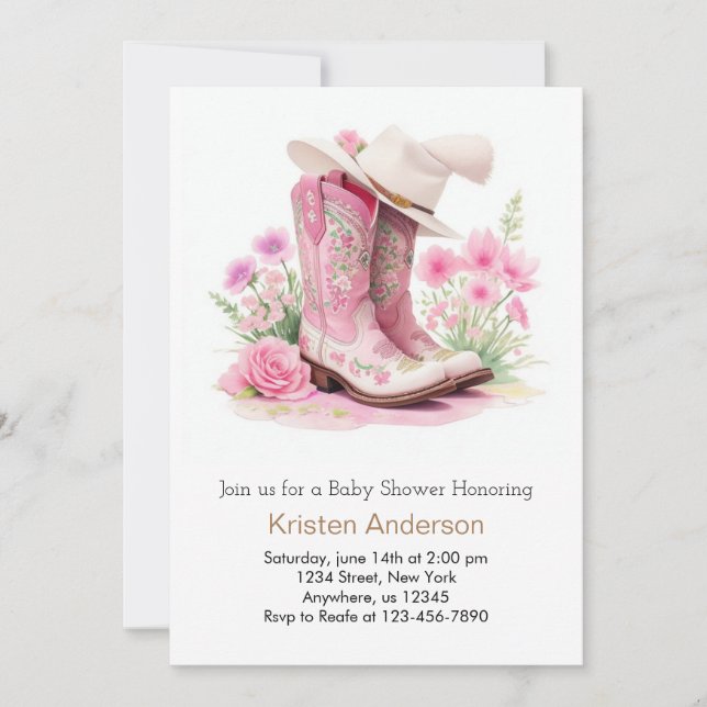 Rustic Cowboy Hat och Boots Cowgirl Baby Shower Inbjudningar (Framsida)