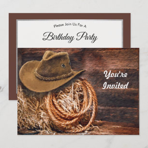 Rustic Cowboy Hat Rope Hay Foto Birthday Inbjudningar