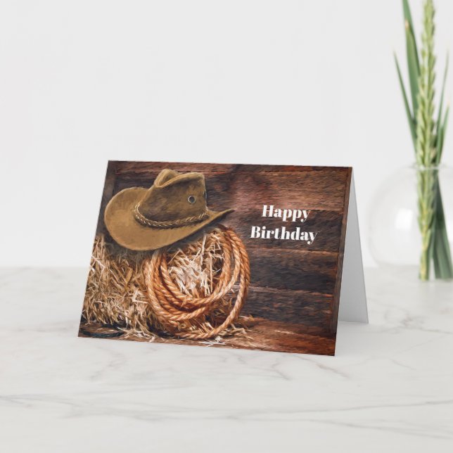 Rustic Cowboy Hat Rope Hay Foto Birthday Kort (Framsida)