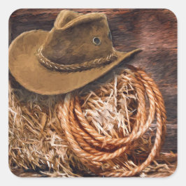 Rustic Cowboy Hat Rope Hay Photo Fyrkantigt Klistermärke