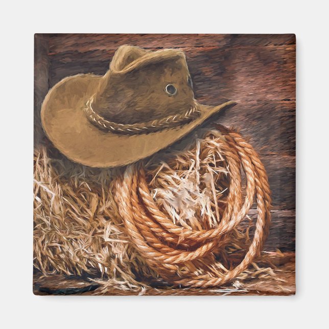 Rustic Cowboy Hat Rope Hay Photo Magnet (Framsidan)
