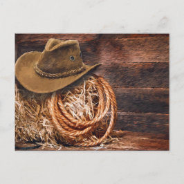 Rustic Cowboy Hat Rope Hay Photo Vykort