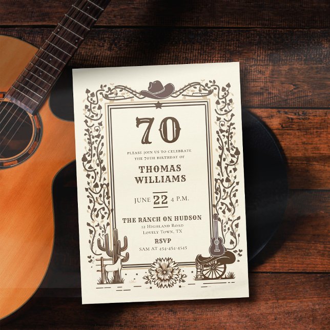 Rustic Cowboy Land Westerna Ram 70:e födelsedagen Inbjudningar (birthday invitation for men country western barn backyard rustic elegant botanical cactus horse)