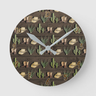 Rustic Cowboy Western Rodeo Wooden Rund Klocka