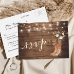 Rustic CowboyBoots Blommigt String Ljus OSA Inbjudan Vykort<br><div class="desc">Inbjudan dina gäster i stil med detta Rustic Boots Blommigt String Ljus OSA Postcard. Brevkortsdesignen fångar perfekt landsbyggsbröllopets roliga charm med vackra blommor,  rustiska cowboystövlar och elegant string ljus. Postkortsformatet gör det enkelt för dina gäster att få OSA och ange måltider.</div>
