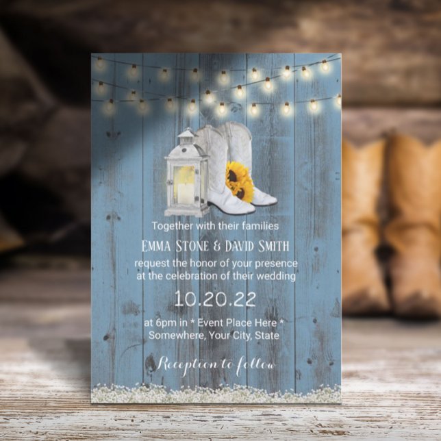 Rustic CowboyBoots Lantern Dusty Blue Bröllop Inbjudningar (Skapare uppladdad)