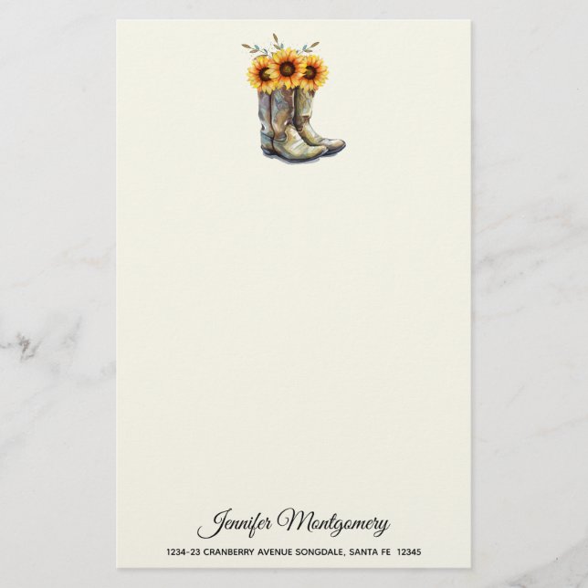 Rustic CowboyBoots med solblommor Brevpapper (Framsida)