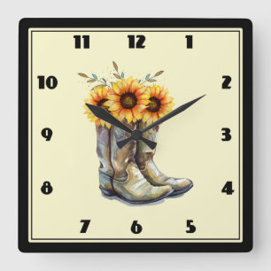 Rustic CowboyBoots med solblommor Fyrkantig Klocka