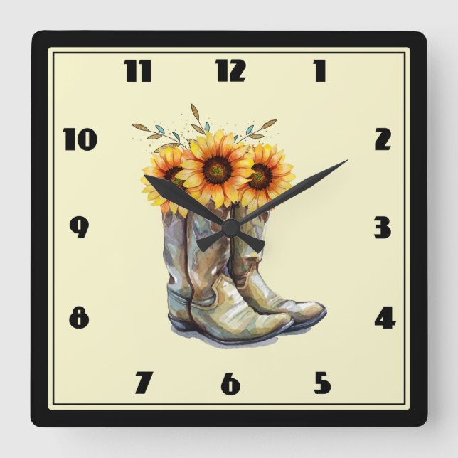 Rustic CowboyBoots med solblommor Fyrkantig Klocka (Framsida)