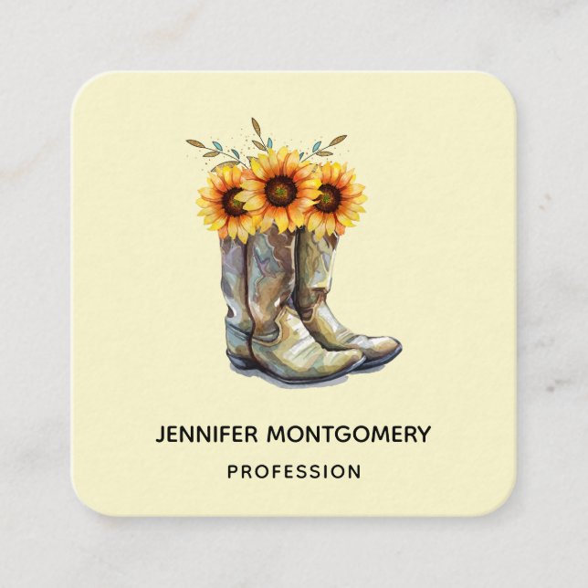 Rustic CowboyBoots med solblommor Fyrkantigt Visitkort (Framsida)