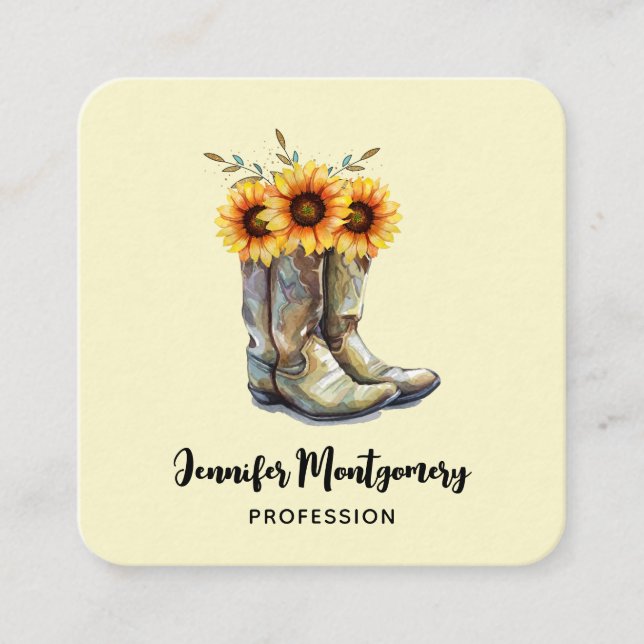 Rustic CowboyBoots med solblommor Fyrkantigt Visitkort (Framsida)