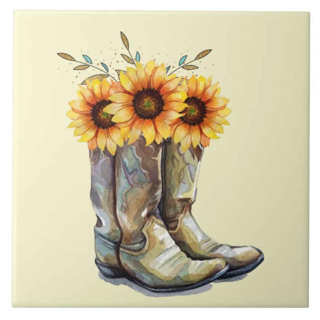 Rustic CowboyBoots med solblommor Kakelplatta (Framsidan)
