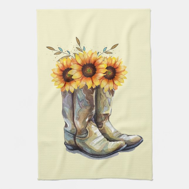 Rustic CowboyBoots med solblommor Kökshandduk (Vertikal)