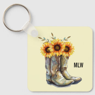 Rustic CowboyBoots med solblommor Nyckelring