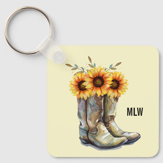 Rustic CowboyBoots med solblommor Nyckelring (Framsida)