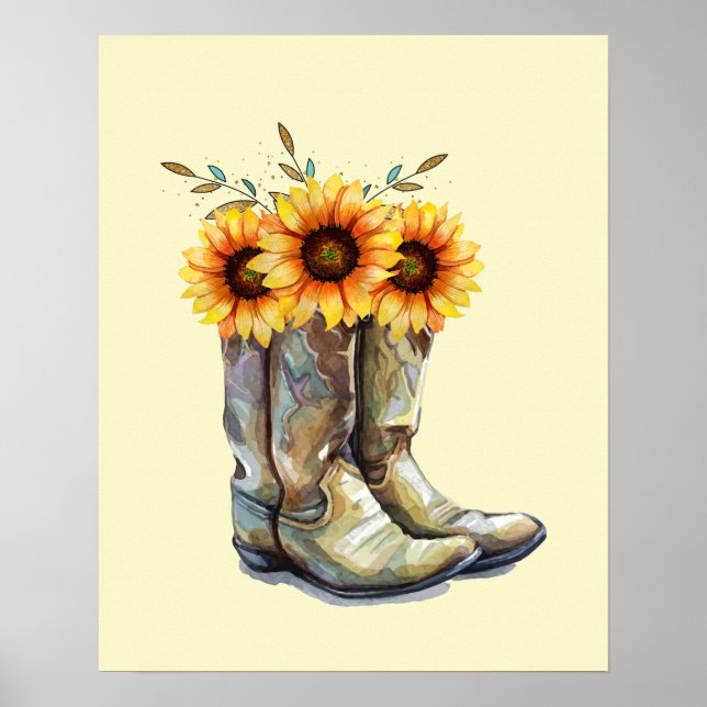Rustic CowboyBoots med solblommor Poster (Framsidan)