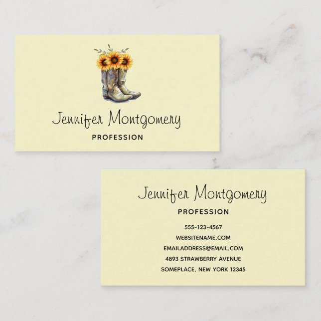 Rustic CowboyBoots med solblommor Visitkort (Fram/baksida)