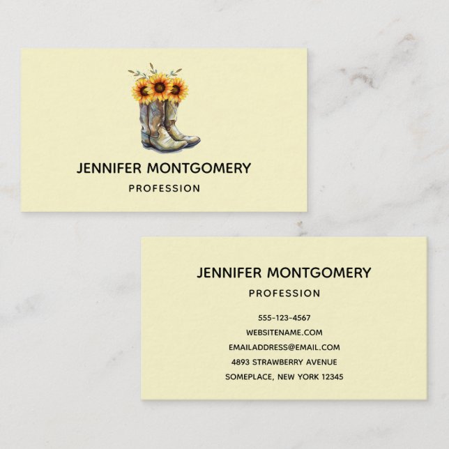 Rustic CowboyBoots med solblommor Visitkort (Fram/baksida)